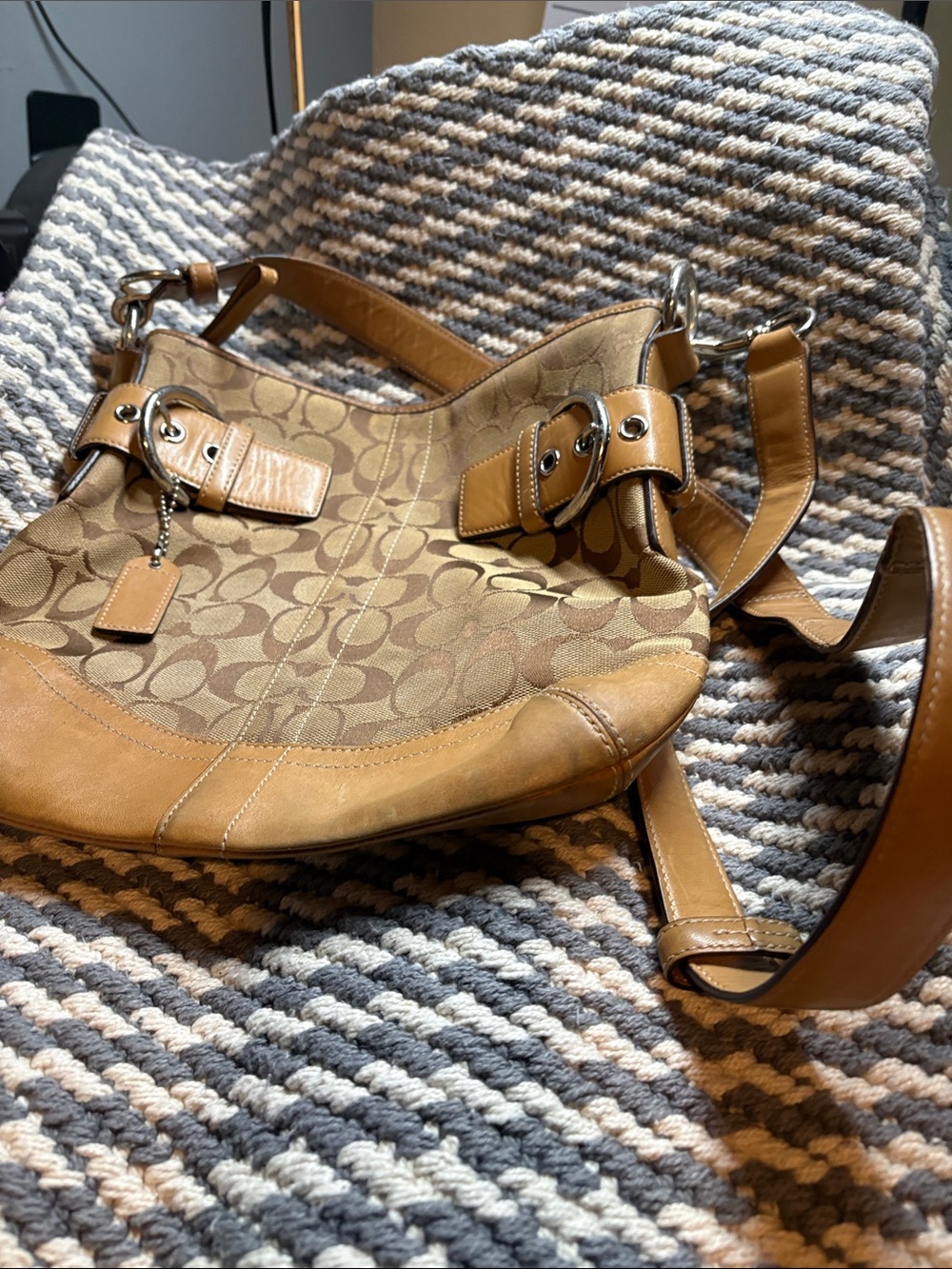 Vintage Coach Signature Canvas Shoulder Bag in Tan and Khaki